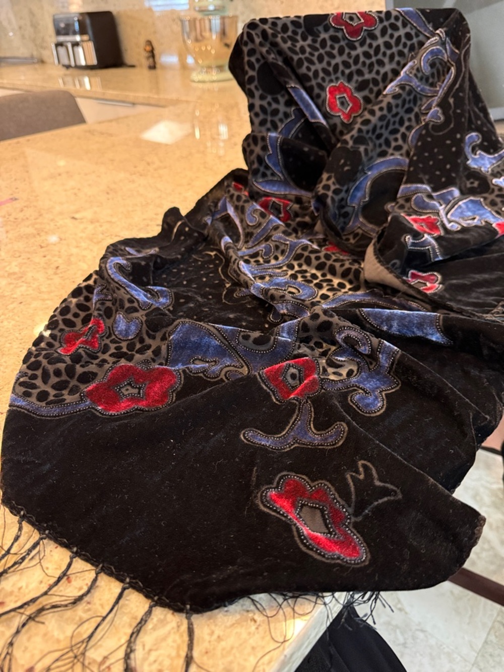 Vintage 100%SILK Cut Black  lever with red and blue floral Long Shawl